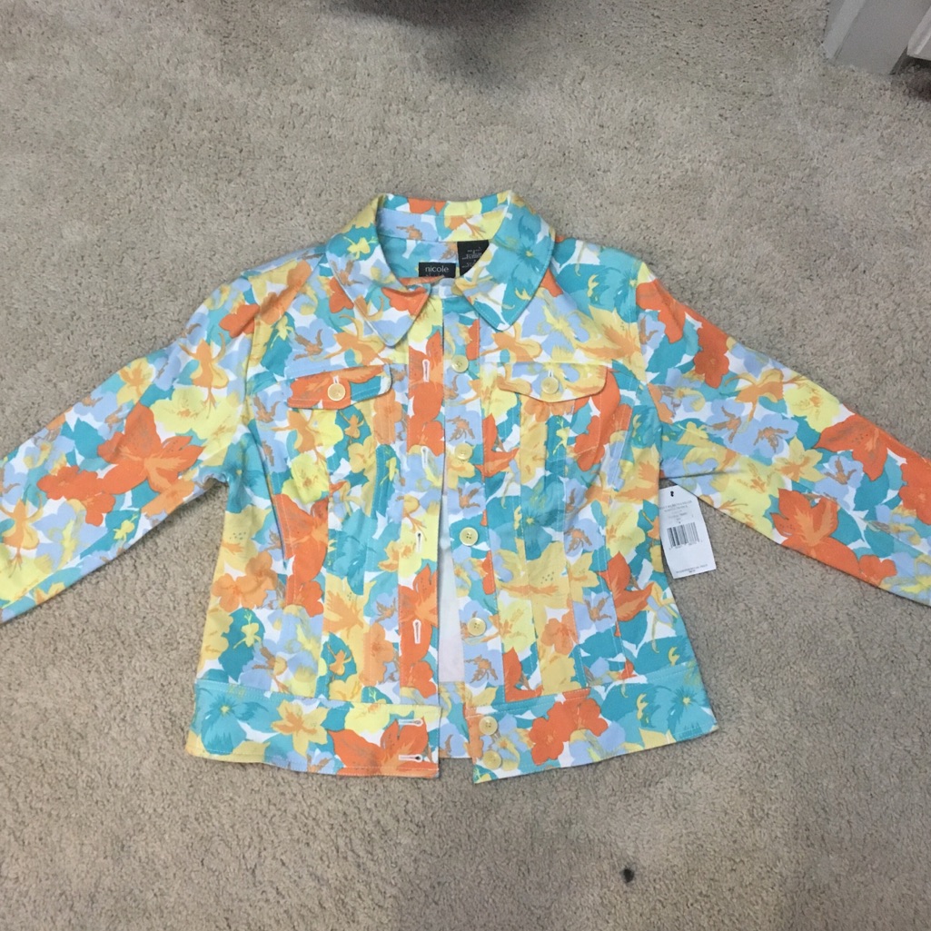 Nicole By Nicole Miller Multicolor Floral Jean Jacket - Blue, Orange, Yellow
